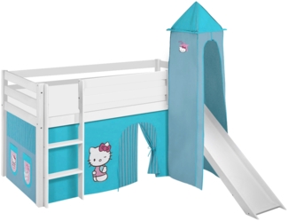 Lilokids 'Jelle' Spielbett 90x190 cm, Hello Kitty Türkis, Kiefer massiv, mit Turm, Rutsche und Vorhang