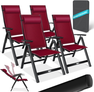 KESSER® Gartenstuhl Hochlehner mit Armlehnen | Aluminium Klappstuhl inkl. Kopfkissen Campingstuhl 7-Fach Verstellbar Rückenlehne | Atmungsaktiv & Wetterfest | Klappbar & Anti-Rutsch 4 Stück, Bordeaux Rot