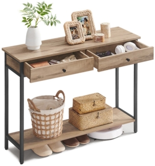 Vasagle Konsolentisch, Flurtisch, Beistelltisch, Sofatisch mit 2 Schubladen, Stahlgestell, Flur, Wohnzimmer, Industrie-Design, kamelbraun-tintenschwarz LNTDE015W01