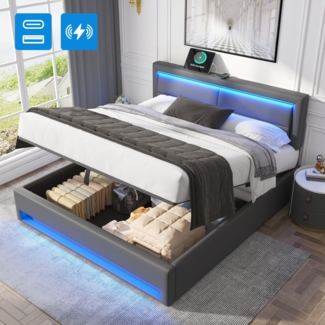 Merax Polsterbett LED Doppelbett 160x200cm mit USB-Anschluss und hydraulischem Stauraum, grau