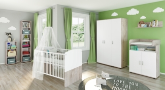 Lani Set 10: best. aus Babybett, Kommode, Wickelaufsatz, Wandboard, Regal mit 3 Fächern, Regal mit 6 Fächern und Kleiderschrank 3-trg.