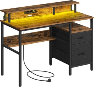 Vasagle Schreibtisch mit Schubladen, Computertisch mit Monitorständer, LED-Beleuchtung, 55 x 120 x 90 cm, eingebaute Steckdosen, 2 USB-Anschlüsse, für Homeoffice, vintagebraun LWDDE093K01