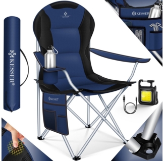 KESSER® Campingstuhl faltbar bis 150 kg Angelstuhl Faltstuhl Klappstuhl Gepolstert mit Armlehnen, Campinglicht und Getränkehalter + Tasche mit hoher Rückenlehne, Strandstuhl, Klapphocker Navyblau / Schwarz