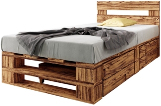 sunnypillow Palettenbett M2 aus Holz 120x200 cm mit Kopfteil und 2 Bettkästen. Stabiles Seniorenbett Kinderbett Jugendbett Gästebett erhöhtes Einzelbett Bettgestell Futonbett Komforthöhe Geflammt