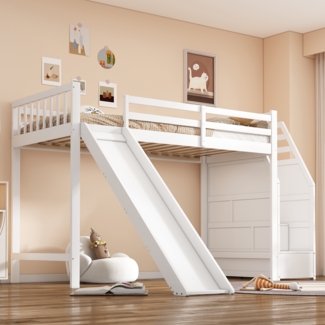 Merax 90*200cm, Hochbett, Kinderbett, mit Rutsche, Ablageleiter, weiß