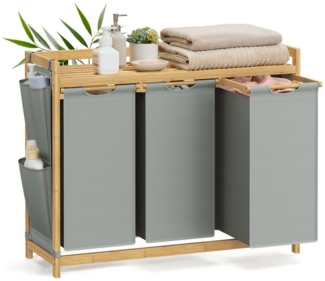 SONGMICS Wäschekorb, 3 Fächer, Bambus, 150 L, mit Ablage, kleine seitliche Taschen, 3 x 50 L, taubengrau, 94 x 33 x 78 cm