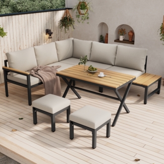 Merax Gartenlounge-Set 6-teilig, Gartenmöbel-Set 7 Personen, Gartensofa mit Ablage, Balkonmöbelset Gartengarnitur Terassenmöbelset mit Kissen, Beige