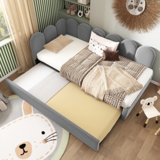 Merax Daybett Polsterbett 90x200cm,Tagesbett Schlafsofa mit Ausziehbett 90x190cm, Kinderbett mit Lattenrost, Samt, Grau, ohne Matratze