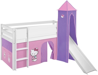 Lilokids 'Jelle' Spielbett 90x200 cm, Hello Kitty Lila, Kiefer massiv, mit Turm, Rutsche und Vorhang
