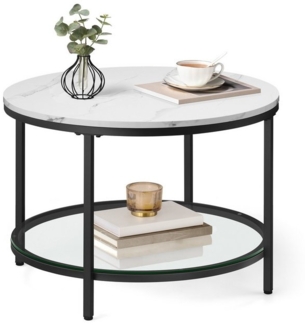 Vasagle Couchtisch mit Glasplatte, Holz / Stahl, Marmorweiß-Tintenschwarz, Ø 65x46 cm
