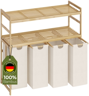 Bellamio 'Newa' Wäschesammler aus Bambus, beige, inkl. 4 Wäschesäcke je 50 Liter aus Oxford-Gewebe, ausziehbar, mit 2 Ablagen