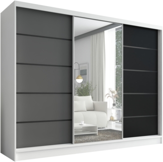 Schwebetürenschrank, 3-türig Schrank 200 cm mit Spiegel AURELIA 2. Farbe: Weiß, schwarz, Eiche Kraft gold