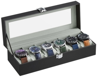 Songmics Uhrenbox für 6 Uhren, Uhrenkasten mit Glasdeckel, Uhrenkissen aus Samt, Uhrenkoffer mit Schloss, 11,2 x 30 x 8 cm, Geschenkidee, PU-Bezug in Schwarz, Samtfutter in Grau JWB06BK