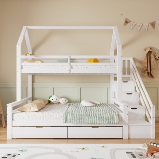Merax Etagenbett mit Leiter, Hausbett, Kinderbett, Drei-Schläfer, mit Schubladen und einem Regal, mit Fallschutzgitter, Kieferbettrahmen mit MDF-Stauraum-Leiterschrank, Weiß, 90x200cm & 140x200cm