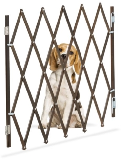 Relaxdays Hundegitter, ausziehbar bis 118 cm, 69-82,5 cm hoch, Hunde Schutzgitter für Treppe & Tür, Braun