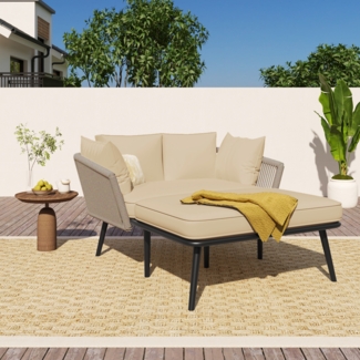 Merax Gartensofa mit 2 waschbaren Kissen, Stahl / Schwamm khaki / beige, 120 x 130 x 67 cm