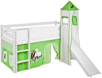 Lilokids 'Jelle' Spielbett 90x190 cm, Pferde Grün Beige, Kiefer massiv, mit Turm, Rutsche und Vorhang