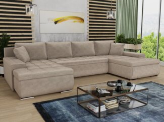Wohnlandschaft mit Schlaffunktion Faris U-Form - Couch, Schlafsofa mit Bettkasten, Couchgranitur mit Bettfunktion, Big Sofa, Bettsofa (Beige (Paros 02))