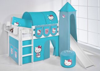 Lilokids 'Jelle' Spielbett 90x200 cm, Hello Kitty Türkis, Kiefer massiv, mit Turm, Rutsche und Vorhang