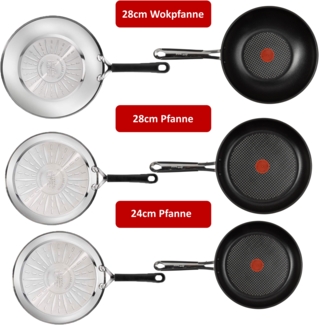 Tefal E89711 Jamie Oliver Pfannenset – 2 Bratpfannen (24 cm, 28 cm), Wokpfanne 28 cm, Glasdeckel 28 cm, Pfannenwender, ThermoSpot, Induktionsgeeignet, Spülmaschinenfest, langlebig