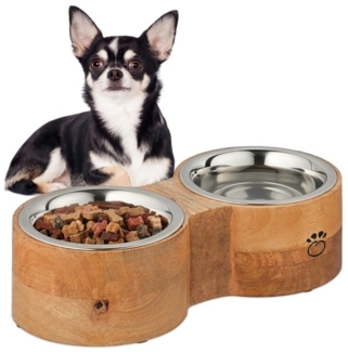 Relaxdays Hundenapfbar mit 2 Napfschalen, Mangoholz / Edelstahl natur / silber, 8 x 30,5 x 14,5 cm