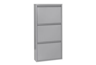 Betten-ABC Amelie – Moderner Schuhschrank, robust und platzsparend, aus pflegeleichtem Metall, Farbe: Grau, Klappen: Drei Klappen