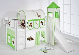 Lilokids 'Jelle' Spielbett 90x200 cm, Dinos Grün Beige, Kiefer massiv, mit Turm, Rutsche und Vorhang