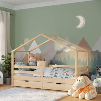 Bellabino 'Abia' Hausbett 90x200 cm mit 2 Schubladen, natur, Kiefer Massivholz, Montessori Kinderbett mit Stauraum, inkl. Rausfallschutz und Lattenrost