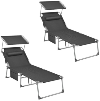 Songmics Gartenliege klappbar, mit Kopfstütze und verstellbarer Rückenlehne, 2x Sonnenliege, mit Seitentasche, Dunkelgrau, 71 x 200 x 38 cm