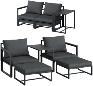 STEELSØN 'Asteri' Gartenlounge-Set, 5-tlg. Metall-Sitzgruppe mit 2 Sesseln, 2 Hockern und Tisch, inkl. Sitzpolster, schwarz/anthrazit, wetterfest