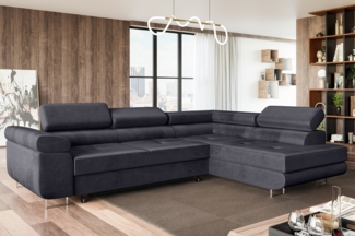 MEBLINI Schlafcouch mit Bettkasten - MALIBA - 277x203x63cm Rechts - Dunkelgrau Samt - Ecksofa mit Schlaffunktion - Sofa mit Relaxfunktion und Kopfstützen - Couch L-Form - Eckcouch - Wohnlandschaft