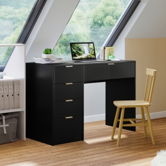 Bellamio 'Livny' Schreibtisch mit 5 Schubladen, beidseitig montierbar, schwarz geriffelt, 75x53x110 cm, Computertisch mit Stauraum, Bürotisch mit goldenen Griffen, geeignet als Schminktisch