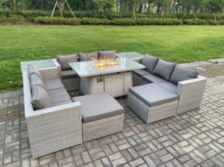Fimous 11-Sitzer Polyrattan Gartenmöbel Set mit 2 Sofa; Gas Feuertisch und Sessel ;2 Großer Hocker; 2 Beistelltisch Outdoor Terrassen Essgruppe Helles Grau