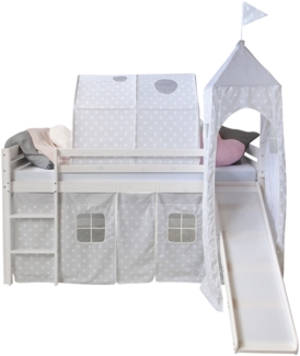 Homestyle4u Spielbett mit Tunnel, Rutsche und Turm, Stern, Kiefernholz grau, 90x200 cm
