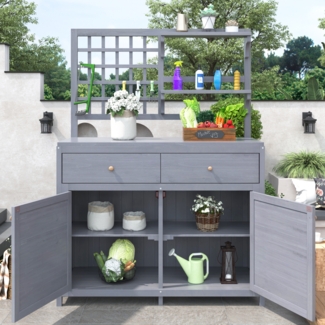 Merax Holz Gartenschrank,Gartenschrank mit Regalen Outdoor Schrank, Gartenschrank Geräteschuppen Terrassenschrank, Balkonschrank, Gerätehaus, Grau
