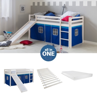 Hochbett mit Matratze 90x200 cm Rutsche Stockbett Kinderbett Leiter Holz Kiefer Vorhang blau Lattenrost