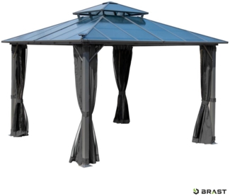 BRAST Pavillon Aluminium Pagode 3,5x3,5m Dunkelgrau inkl. Moskitonetz + LED festes Dach wasserdicht stabil UV-Schutz