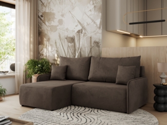 Ecksofa für das Wohnzimmer, mit losen Kissen, Schlaffunktion und Bettkästen, L-förmiges Ecksofa mit Armlehnen, Wellenfeder - ARPA - Braun Velours - linke Seite
