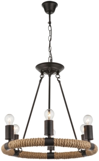 Kronleuchter, 6-Flammig, Hanfseil, schwarz, H 126 cm
