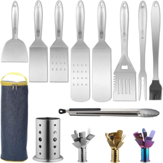LuxusKollektion BBQ-Grillbesteck-Set mit Utensilienhalter, 10-teilig, Edelstahl silber