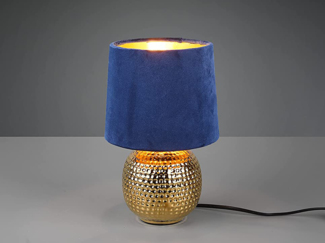 Reality Leuchten LED Nachttischlampe, Dimmfunktion, LED wechselbar, Warmweiß, kleine ausgefallen-e Samt Lampenschirm dimmbar Blau Gold-en, Höhe 26cm