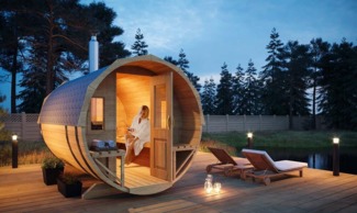 FinnTherm Fass-Sauna Sam mit 2 Sitzbänken, 40 mm Wandstärke, Außensauna, mit Montagematerial (B x T x H): 220 x 280 x 228 cm Ausführung: Premium-Thermoholz, ohne Ofen