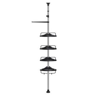 Songmics höhenverstellbares Duschregal, 95-300 cm, 4 Ablagen, 3 Haken, Schwarz / Silber