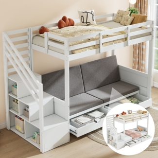 Merax Etagenbett Kinderbett 90x200cm mit vestellbarem Sofa 2 Schubladen Stauraumtreppe, weiß
