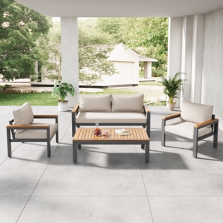 Merax Loungeset mit Rahmen aus verzinktem Stahl, Akazienholz Tischplatte und Armlehnen, Beige