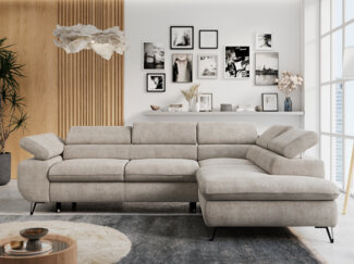 Mks Möbel 'Peter L-form' Ecksofa mit Bettfunktion, Bettkasten & einstellbaren Kopfstützen, Beige, Stoff, rechts