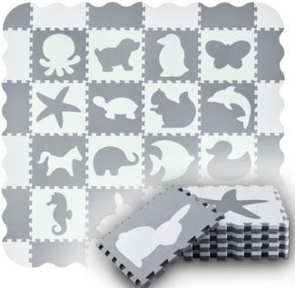 Juskys 'Timon' Kinder Puzzlematte, 36 Teile, rutschfest & abwischbar, Puzzle ab 10 Monate, EVA Schaumstoff grau / weiß, 150 x 150 cm