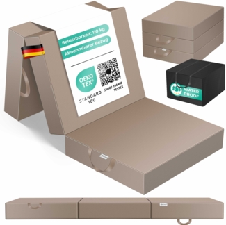 KESSER® Klappmatratze Gästematratze 3-fach Faltmatratze faltbar zum Sitzhocker | Schaumstoff 25kg/m³ extra dick 15cm atmungsaktiv waschbar abnehmbarer Bezug | Matratze inkl. Camping Tragetasche Taupe, 75 x 195 x 15 cm