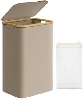 SONGMICS Wäschekorb mit Deckel und herausnehmbarem Wäschesack, zusammenklappbar, Bambus / Oxford-Gewebe kamelbraun, 65 l