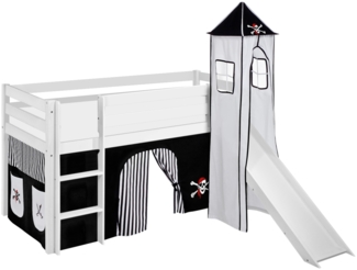 Lilokids 'Jelle' Spielbett 90x190 cm, Pirat Schwarz Weiß, Kiefer massiv, mit Turm, Rutsche und Vorhang